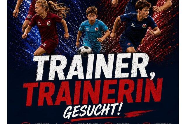 KI-Generiertes Werbeplakat zur TrainerInnensuche mit f&uuml;nf Jungen und M&auml;dchen, die Fu&szlig;ballspielen