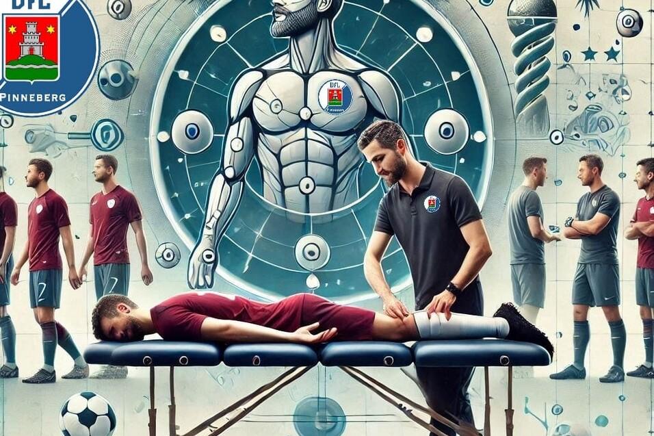Therapeut behandelt Spieler auf Behandlungsliege, im Hintergrund Vereinslogo und grafische Darstellung eines menschlichen K&ouml;rpers.