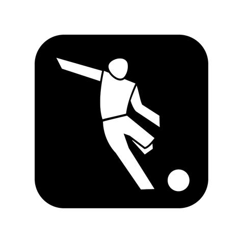 Symbol eines Fußballspielers, der einen Ball mit einem Fuß kickt, vor schwarzem Hintergrund.