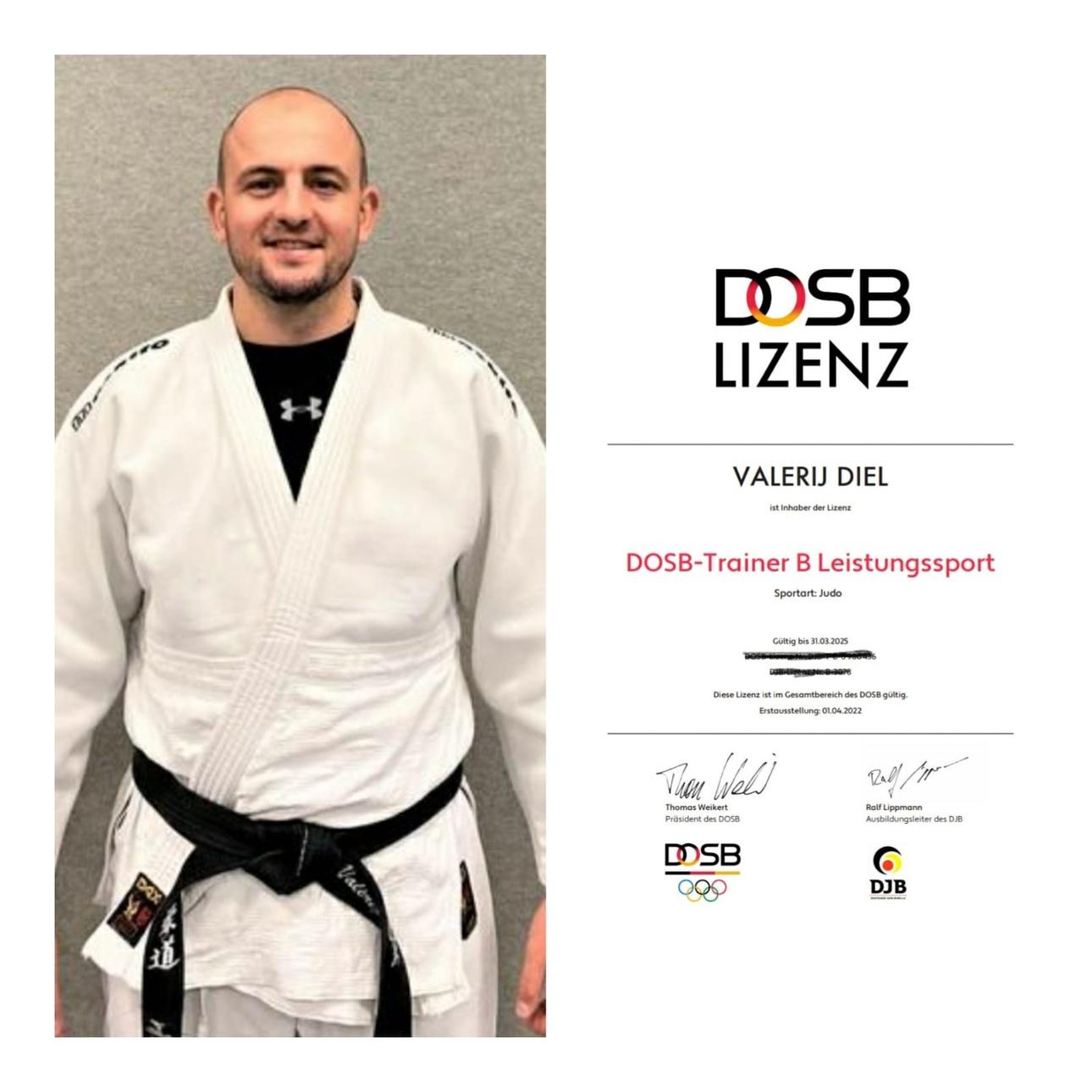 Portrait eines Mannes in Judogi mit schwarzem Gürtel, neben einer Lizenzurkunde für DOSB-Trainer B im Sportart Judo.