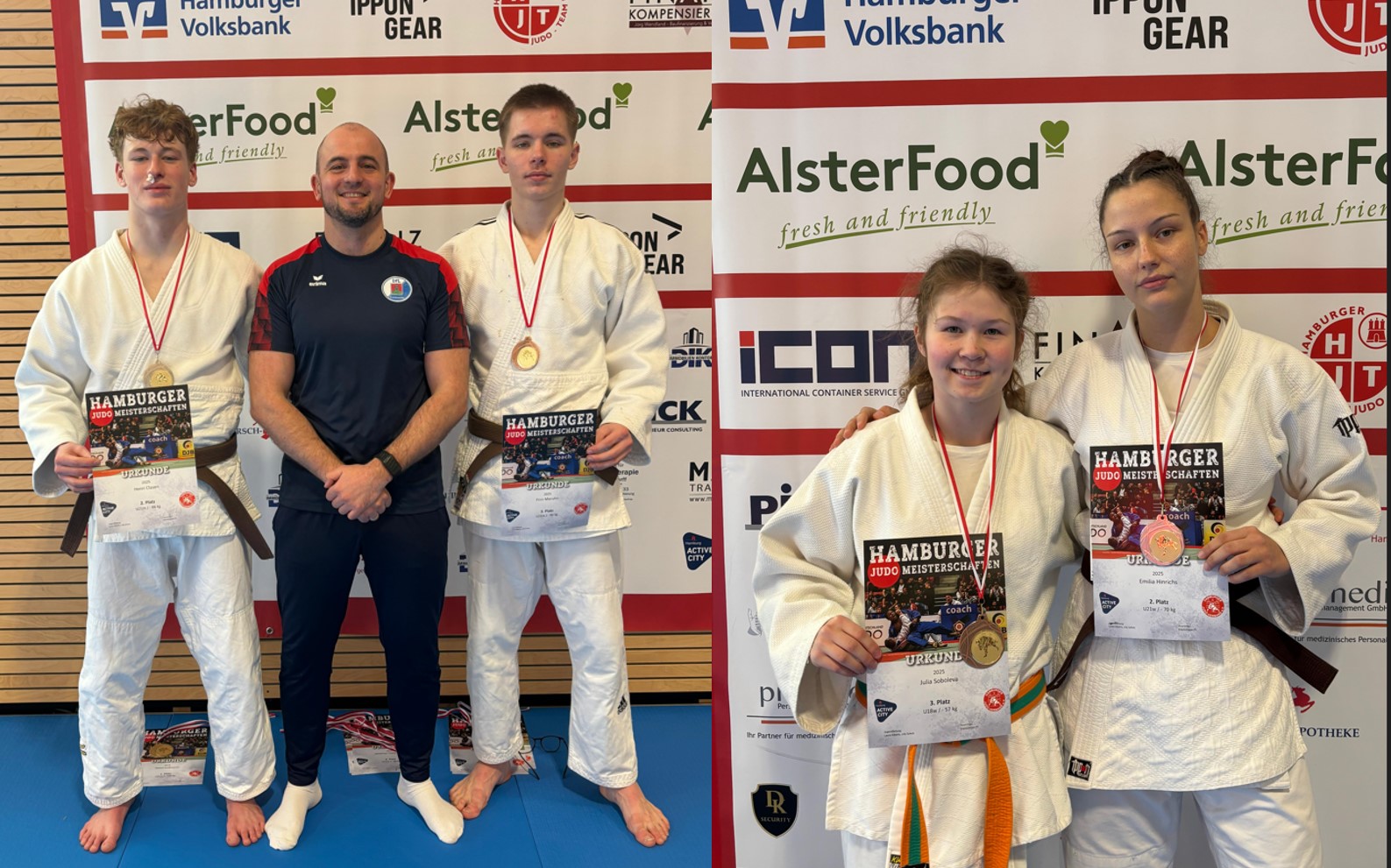 Zwei Gruppen von Judokas mit Medaillen und Urkunden stehen vor einem Hintergrund mit Sponsorenlogos.