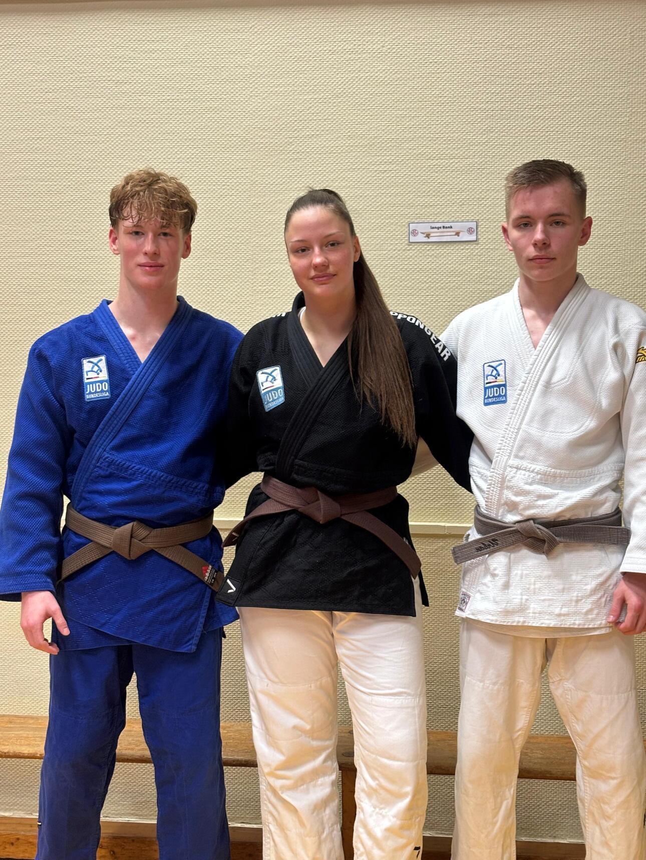 Drei Judokas stehen nebeneinander: ein Junge in blauem, ein Mädchen in schwarzem und ein Junge in weißem Judoanzug.
