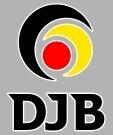Logo des Deutschen Judo-Bundes (DJB) mit stilisiertem Kreis und Farben Schwarz, Rot, Gelb auf grauem Hintergrund.
