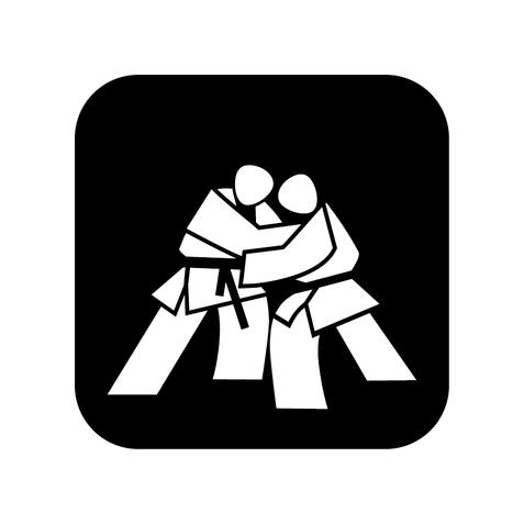 Symbol eines Judo-Kampfes mit zwei Kämpfern in traditioneller Bekleidung auf schwarzem Hintergrund.