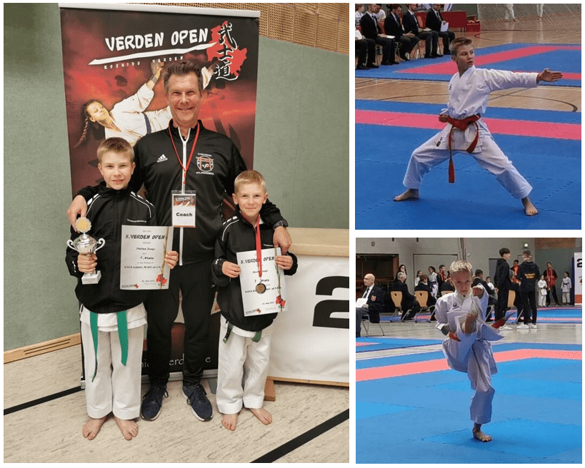 Drei Bilder von Karatekämpfern: Ein Trainer mit zwei Medaillengewinnern und zwei Wettkämpfer in Action auf der Matte.