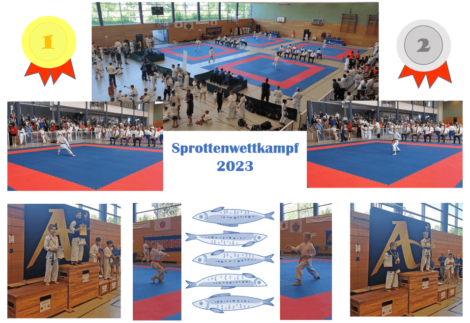 Tisch mit Wettkämpfern und Zuschauern bei Sprottenwettkampf 2023, Medaillen und Siegerehrungen im Vordergrund.