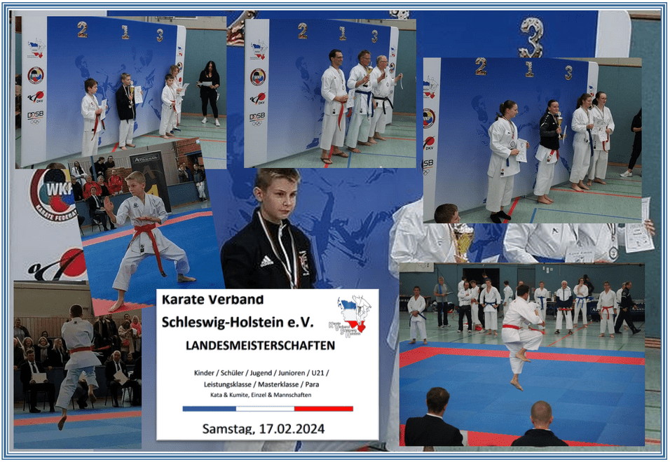 Karatewettkampf: Teilnehmer in Uniform auf der Matte, Medaillengewinner vor festlichem Hintergrund mit Pokalen.