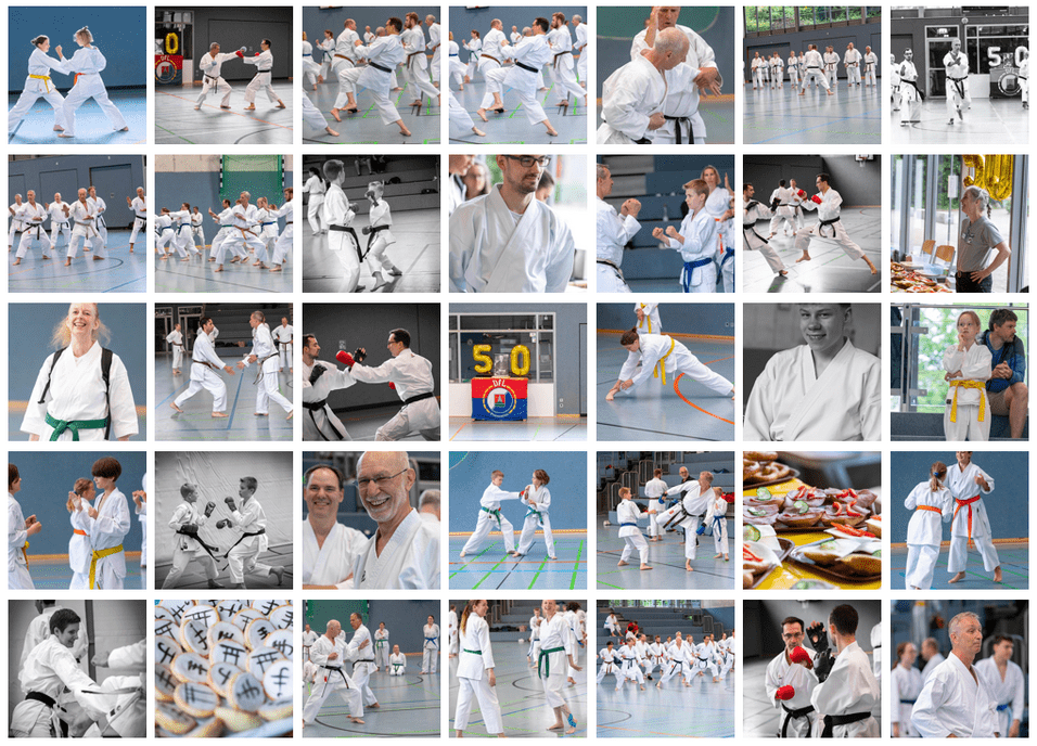 Mehrere Karateka in weißen Anzügen üben verschiedene Techniken in einer Sporthalle während eines Trainingslagers.