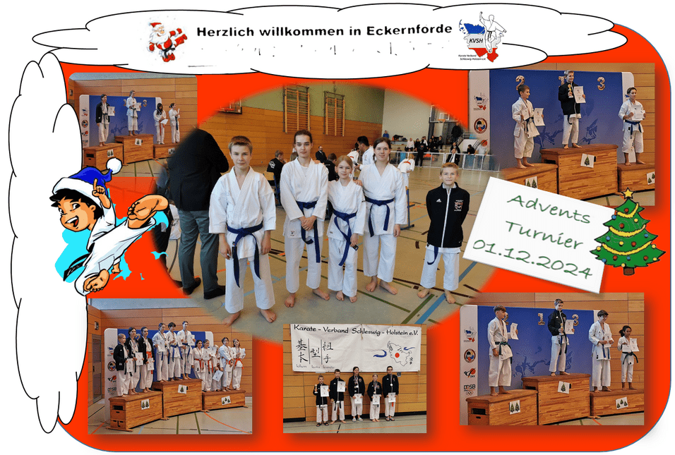 Gruppenfoto von Karateka in Gi mit blauen und schwarzen Gürteln beim Adventsturnier in Eckernförde, 01.12.2024.