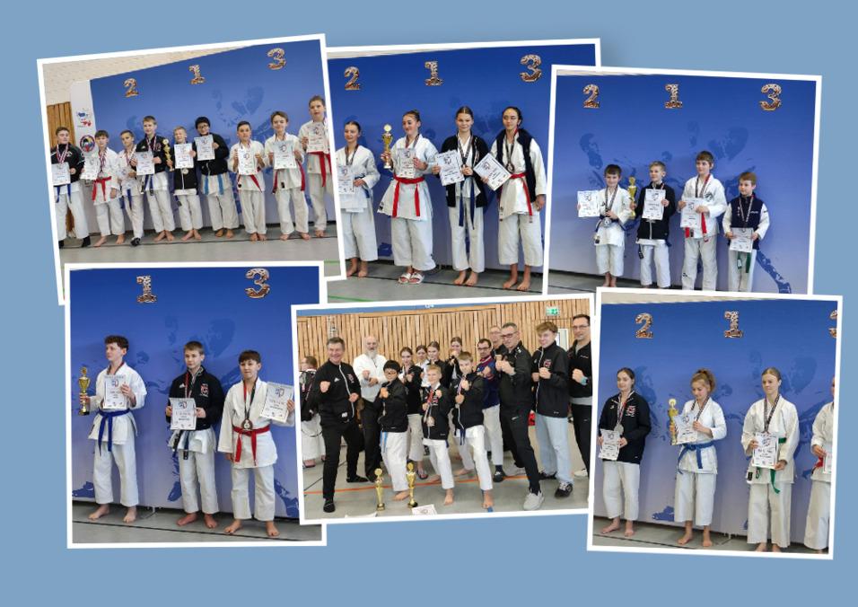 Gruppenfoto von Karatekämpfern mit Urkunden und Medaillen vor einer blau-beigen Kulisse.