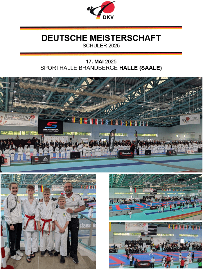 Gruppenfoto von jungen Karateka und ihrem Trainer bei der Deutschen Meisterschaft in der Sporthalle Brandberge.