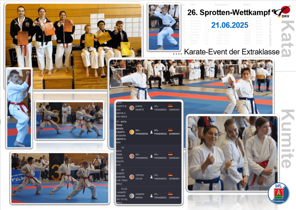 Karate-Wettkampf mit Teilnehmern, Medaillen und Urkunden in einer Sporthalle, verschiedene Kämpfer in Aktion.