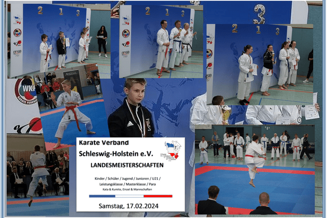 Karatewettkampf: Teilnehmer in Uniform auf der Matte, Medaillengewinner vor festlichem Hintergrund mit Pokalen.