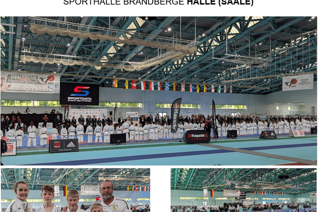 Gruppenfoto von jungen Karateka und ihrem Trainer bei der Deutschen Meisterschaft in der Sporthalle Brandberge.