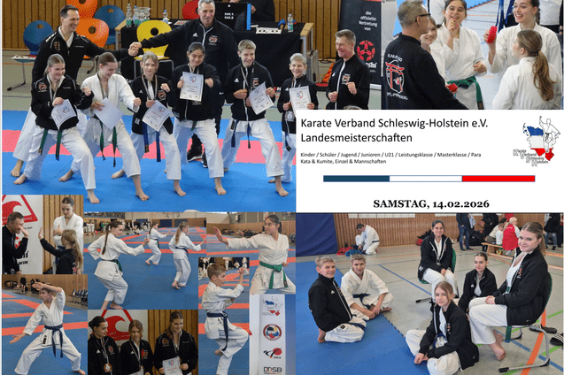 Collage mit Karatewettk&auml;mpfern in wei&szlig;en und schwarzen Anz&uuml;gen bei Landesmeisterschaften in Schleswig-Holstein am 14. Februar 2026