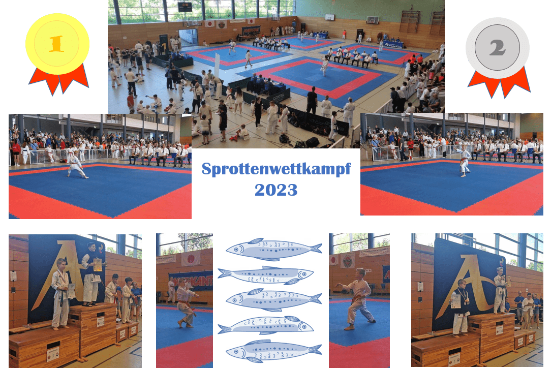Sprottenwettkampf 2023 Mehrere Fotos von einem Karatewettkampf in einer Sporthalle mit Teilnehmern auf blauen Matten, darunter zwei Fotos von Siegerehrungen auf Podesten mit Medaillen, mittig der Text 'Sprottenwettkampf 2023' und eine Illustration von fünf Sprottenfischen.