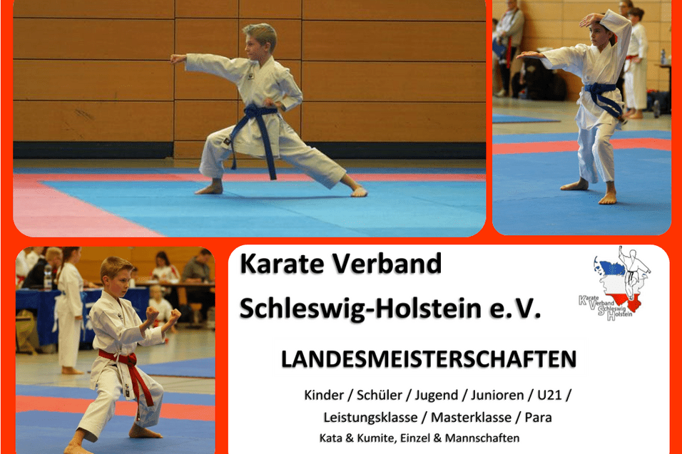 Kinder in Karate-Kleidung zeigen verschiedene Techniken bei den Landesmeisterschaften in Schleswig-Holstein.