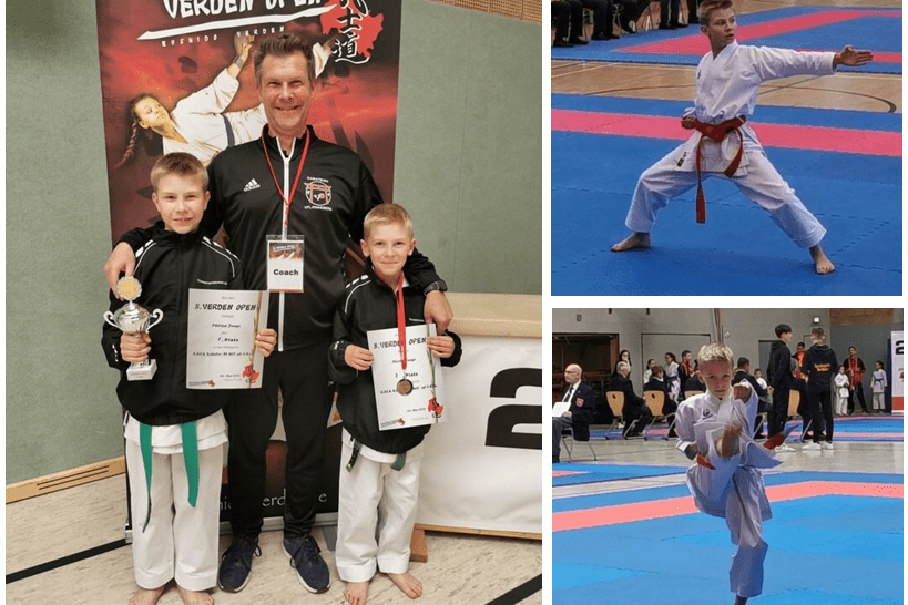 Drei Bilder von Karatek&auml;mpfern: Ein Trainer mit zwei Medaillengewinnern und zwei Wettk&auml;mpfer in Action auf der Matte.