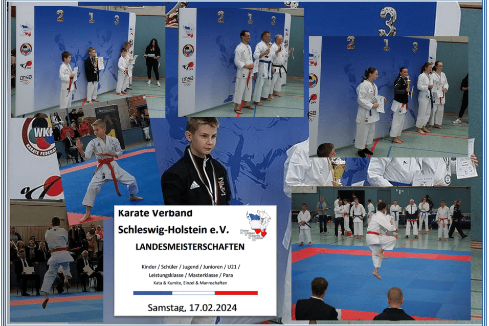 Karatewettkampf: Teilnehmer in Uniform auf der Matte, Medaillengewinner vor festlichem Hintergrund mit Pokalen.