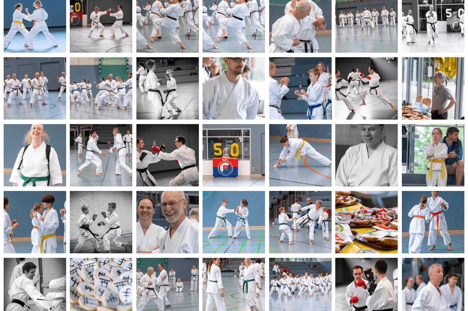 Mehrere Karateka in wei&szlig;en Anz&uuml;gen &uuml;ben verschiedene Techniken in einer Sporthalle w&auml;hrend eines Trainingslagers.