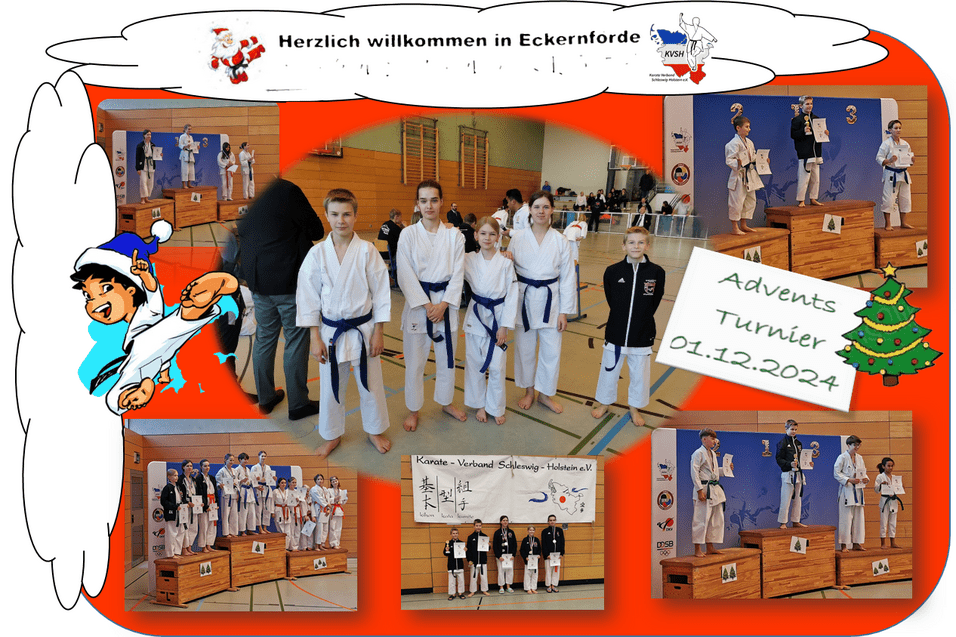 Gruppenfoto von Karateka in Gi mit blauen und schwarzen G&uuml;rteln beim Adventsturnier in Eckernf&ouml;rde, 01.12.2024.