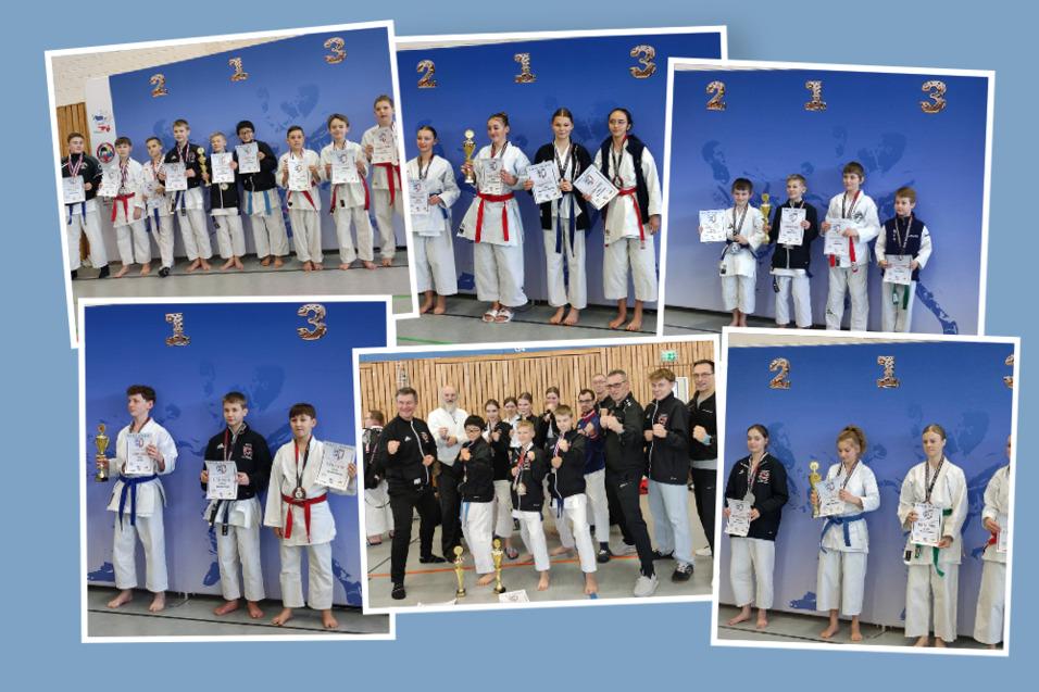 Gruppenfoto von Karatek&auml;mpfern mit Urkunden und Medaillen vor einer blau-beigen Kulisse.