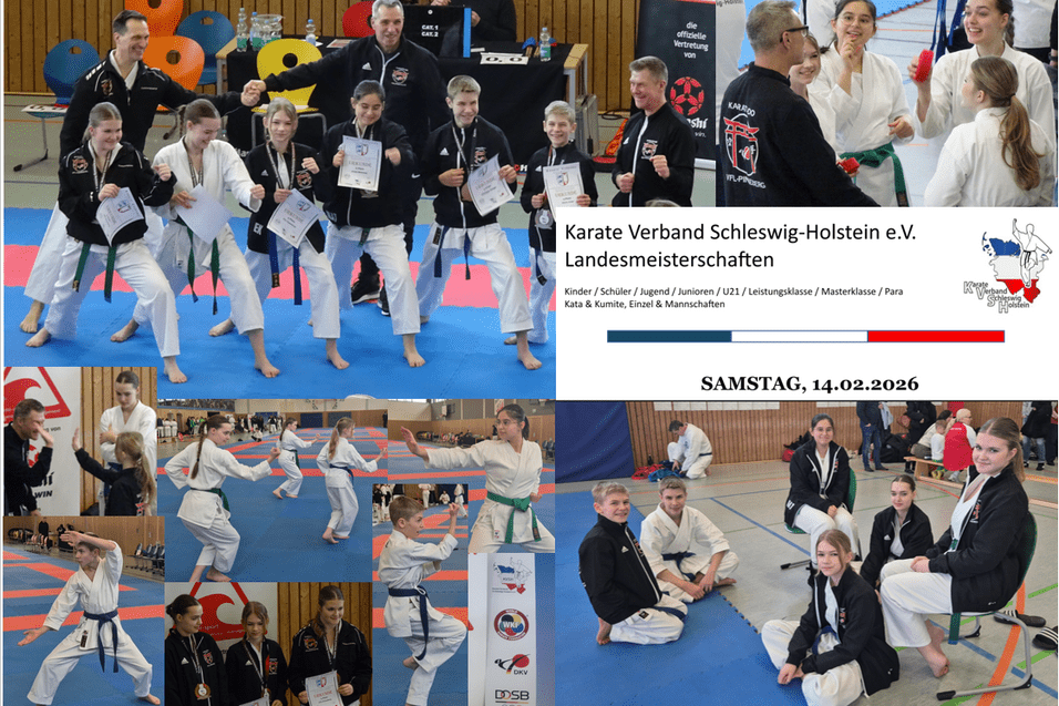Collage mit Karatewettk&auml;mpfern in wei&szlig;en und schwarzen Anz&uuml;gen bei Landesmeisterschaften in Schleswig-Holstein am 14. Februar 2026