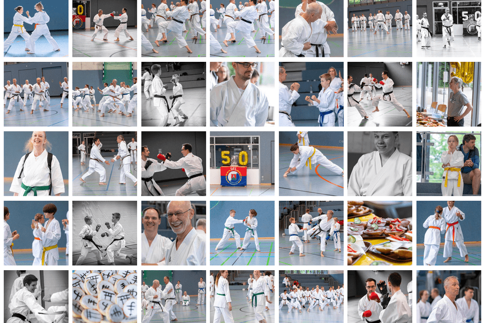 Mehrere Karateka in wei&szlig;en Anz&uuml;gen &uuml;ben verschiedene Techniken in einer Sporthalle w&auml;hrend eines Trainingslagers.