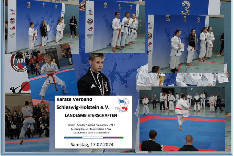 Karatewettkampf: Teilnehmer in Uniform auf der Matte, Medaillengewinner vor festlichem Hintergrund mit Pokalen.