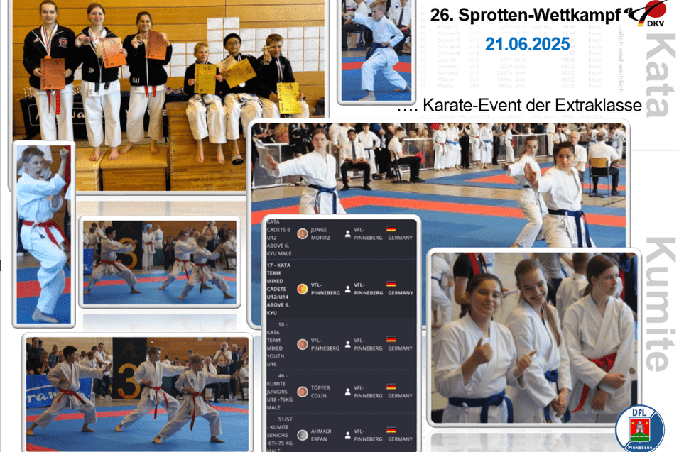 Sprottenwettkampf 2025 Karate-Wettkampf mit Teilnehmern, Medaillen und Urkunden in einer Sporthalle, verschiedene Kämpfer in Aktion.