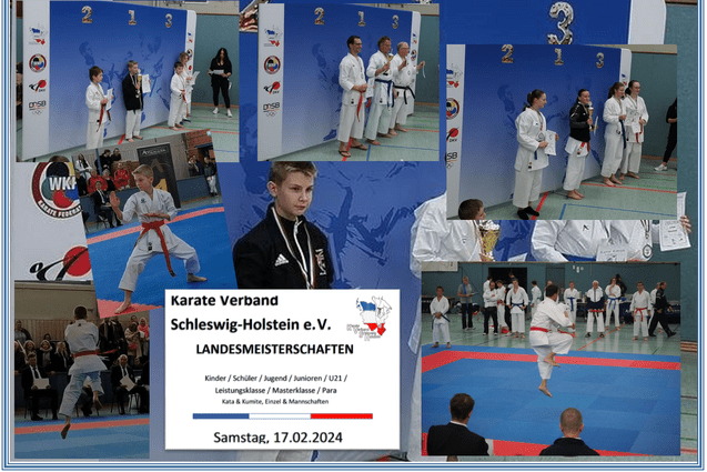 Karatewettkampf: Teilnehmer in Uniform auf der Matte, Medaillengewinner vor festlichem Hintergrund mit Pokalen.