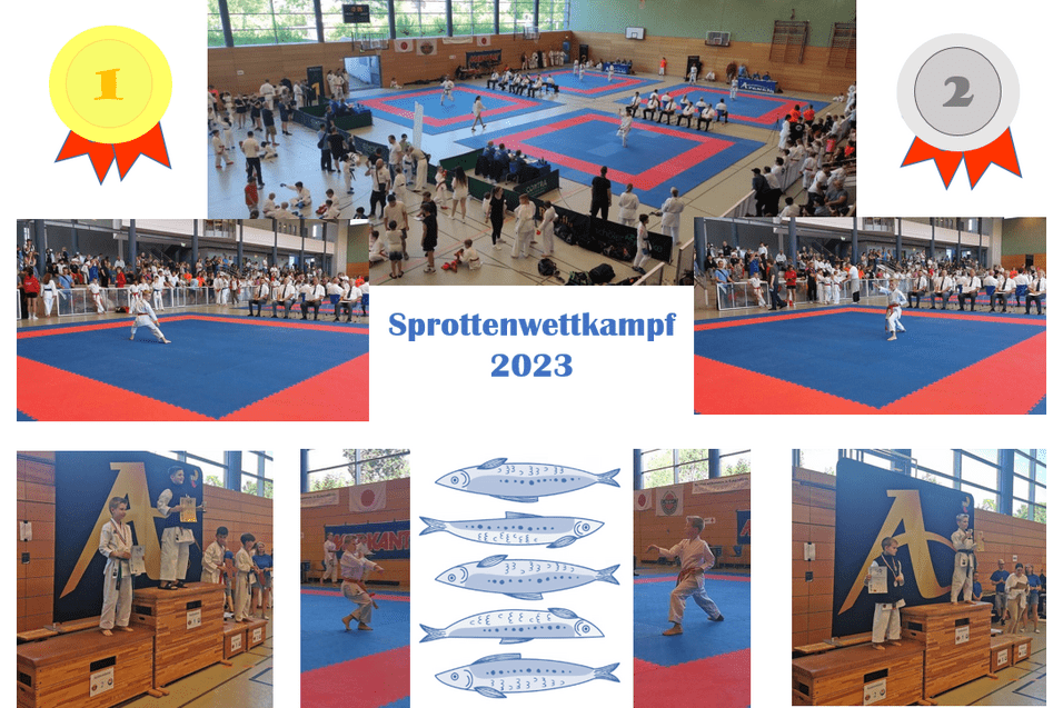 Mehrere Fotos von einem Karatewettkampf in einer Sporthalle mit Teilnehmern auf blauen Matten, darunter zwei Fotos von Siegerehrungen auf Podesten mit Medaillen, mittig der Text 'Sprottenwettkampf 2023' und eine Illustration von f&uuml;nf Sprottenfischen.