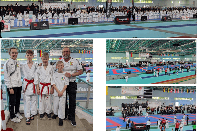 Gruppenfoto von jungen Karateka und ihrem Trainer bei der Deutschen Meisterschaft in der Sporthalle Brandberge.