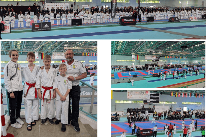 Gruppenfoto von jungen Karateka und ihrem Trainer bei der Deutschen Meisterschaft in der Sporthalle Brandberge.