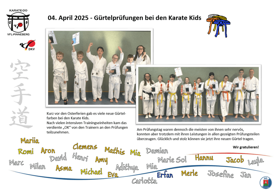 Gruppenszenen der Gürtelprüfungen der Karate Kids mit feiernden Kindern in Karateanzügen und Urkunden.