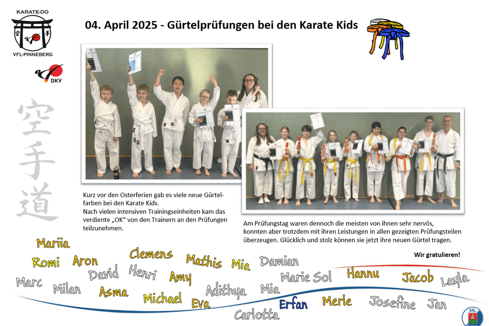 Gruppenszenen der G&uuml;rtelpr&uuml;fungen der Karate Kids mit feiernden Kindern in Karateanz&uuml;gen und Urkunden.