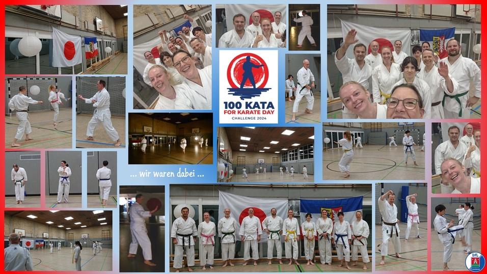 Teilnehmer einer Karate-Veranstaltung in Weiß, posieren und trainieren in einer Halle mit Flaggen und Dekorationen.