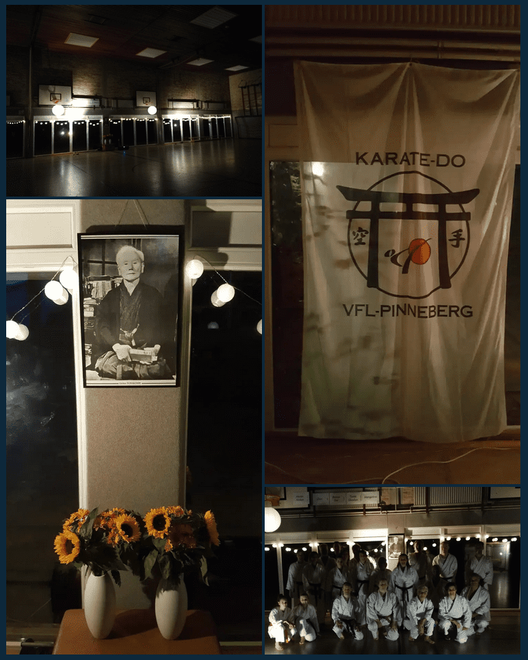 Dunkel beleuchtete Sporthalle mit zwei runden Lampen und Lichterkette an den Fenstern, Basketballkorb im Hintergrund.