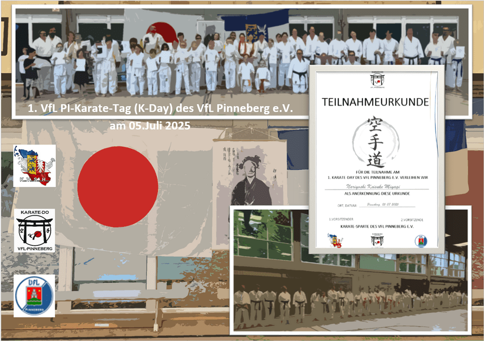 Gruppensegment von Karateka in weißer Kleidung mit Urkunden am 1. VfL Pi-Karate-Tag in Pinneberg, Juli 2025.