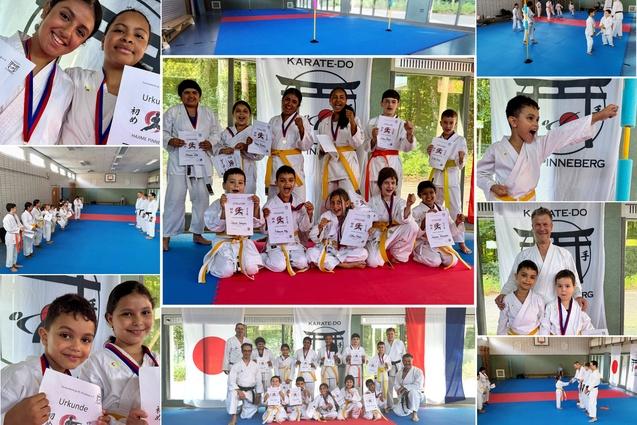 Collage aus mehreren Fotos von Kindern und Erwachsenen in Karateanz&uuml;gen mit Urkunden und Medaillen in einem Karate-Dojo mit Tatami-Matten und Karate-Do-Bannern