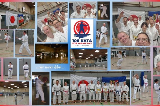 Teilnehmer einer Karate-Veranstaltung in Wei&szlig;, posieren und trainieren in einer Halle mit Flaggen und Dekorationen.