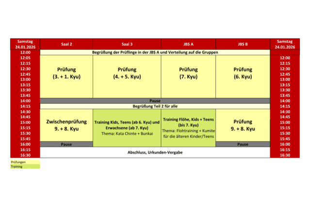 Zeitplan f&uuml;r den 24. Januar 2026 mit Pr&uuml;fungen und Trainingseinheiten in verschiedenen S&auml;len und Gruppen, inklusive Pausen und Abschluss mit Urkundenvergabe.