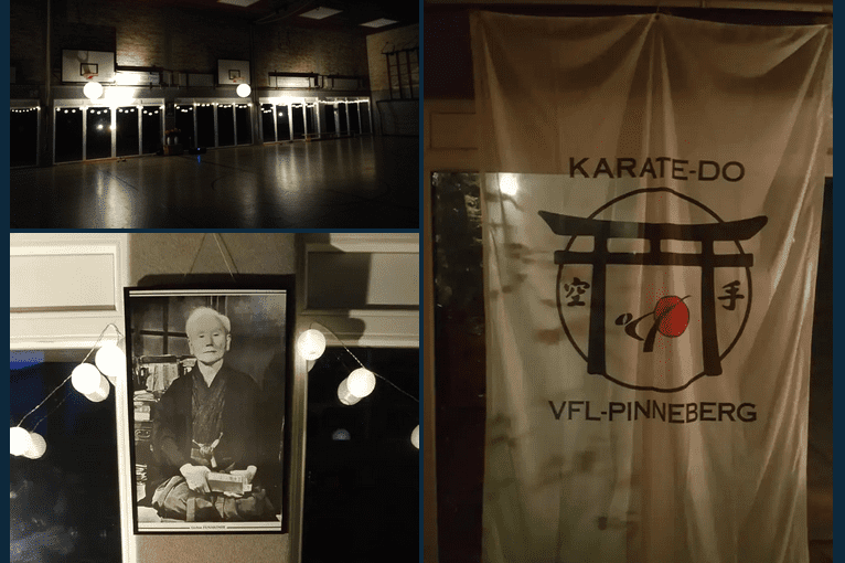 Dunkel beleuchtete Sporthalle mit zwei runden Lampen und Lichterkette an den Fenstern, Basketballkorb im Hintergrund.