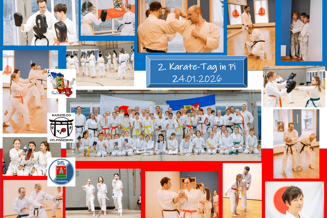 Collage aus mehreren Fotos von Karate-&Uuml;bungen und Gruppenfoto mit Karateka in wei&szlig;en Anz&uuml;gen, darunter Logos von Karate- und Sportvereinen sowie Texttafel mit '2. Karate-Tag in Pi 24.01.2026