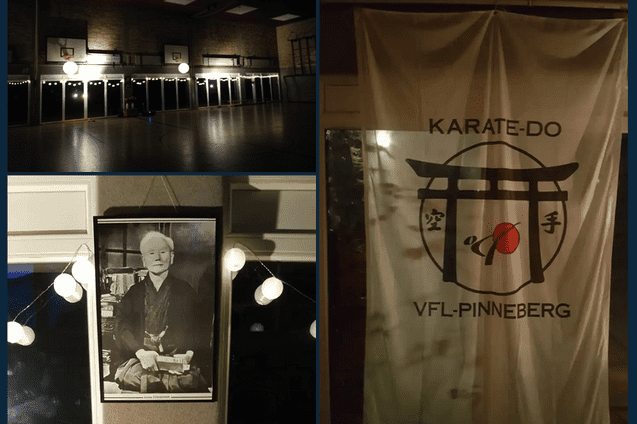 Dunkel beleuchtete Sporthalle mit zwei runden Lampen und Lichterkette an den Fenstern, Basketballkorb im Hintergrund.