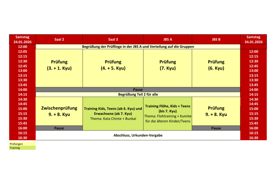 Zeitplan f&uuml;r den 24. Januar 2026 mit Pr&uuml;fungen und Trainingseinheiten in verschiedenen S&auml;len und Gruppen, inklusive Pausen und Abschluss mit Urkundenvergabe.