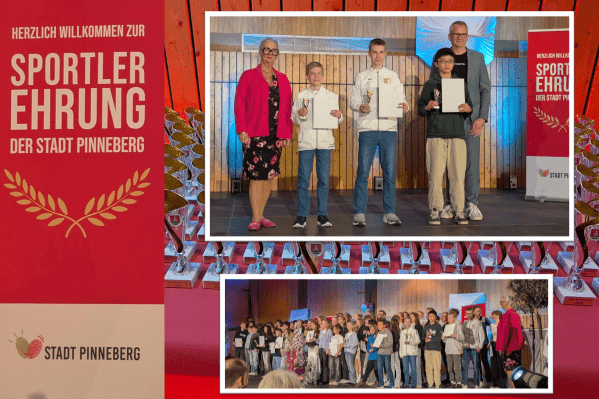 Collage aus Bildern von einer Sportlerehrung der Stadt Pinneberg. Zu sehen ist ein Banner mit wei&szlig;er Schrift und Lorbeerzweigen auf rotem Hintergrund, ein Bild mit f&uuml;nf Personen auf einer B&uuml;hne und ein Gruppenfoto bei der Ehrung. Im Hinter