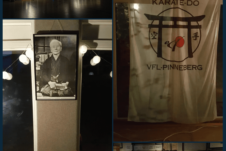 Dunkel beleuchtete Sporthalle mit zwei runden Lampen und Lichterkette an den Fenstern, Basketballkorb im Hintergrund.
