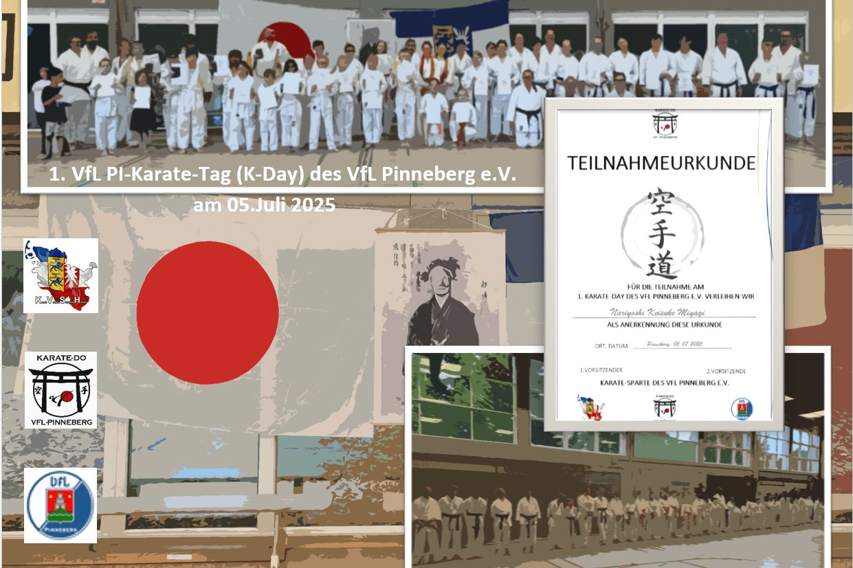 Gruppensegment von Karateka in wei&szlig;er Kleidung mit Urkunden am 1. VfL Pi-Karate-Tag in Pinneberg, Juli 2025.