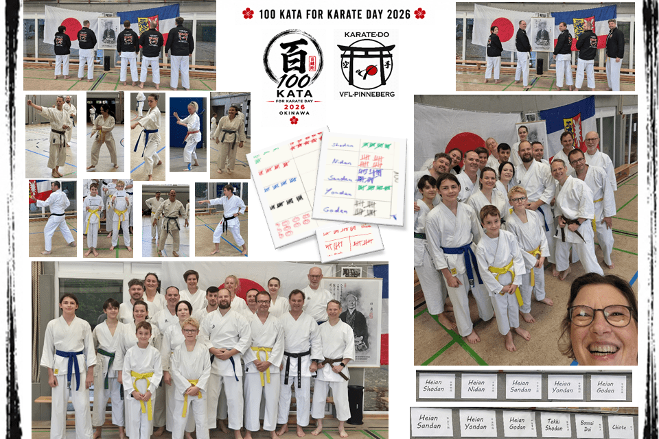 Karate Tag - 100 Kata 2026 Collage aus Gruppenfotos von Karateübenden in weißen Karateanzügen mit verschiedenfarbigen Gürteln, zwei Logos mit Schrift '100 Kata for Karate Day 2026' und 'Karate-Do Vfl Pinneberg', sowie zwei Karten mit handschriftlichen Notizen.